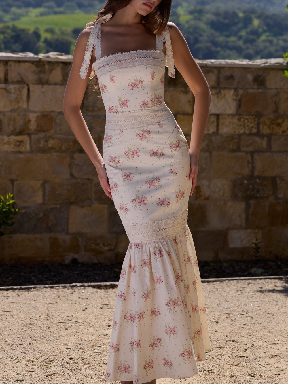 House of CB Alessina Ivory Vintage Rose Print Cotton + Lace Maxi Dress